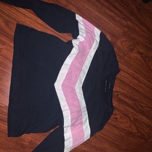 long sleeve navy blue/light pink &white shirt